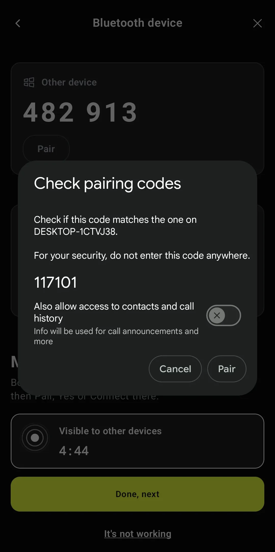 نافذة Check pairing codes في أندرويد للحاسوب DESKTOP-1CTVJ38، تعرض الرمز 117101 وزر Pair
