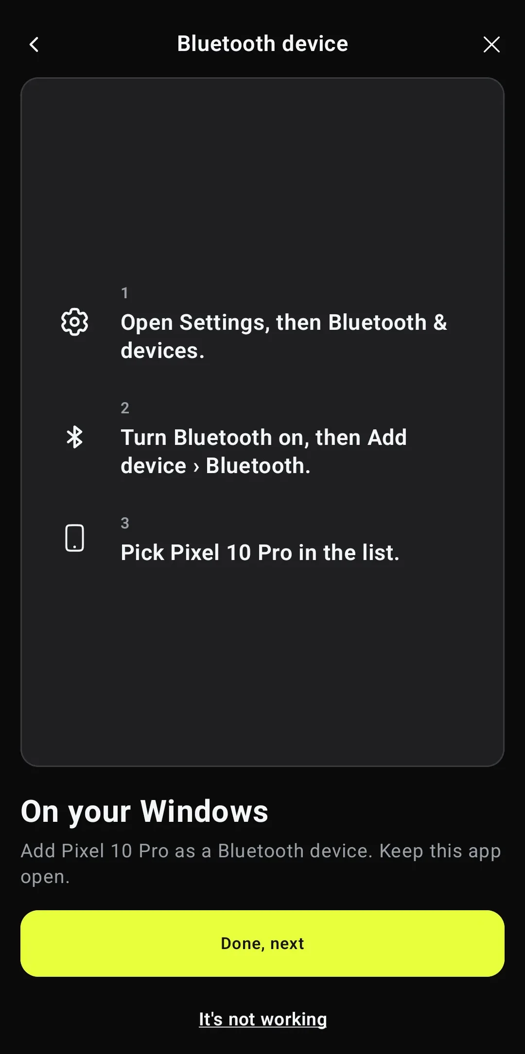 شاشة On your Windows في Deck Pointer على أندرويد، تذكر Pixel 10 Pro كاسم الهاتف الذي يجب اختياره