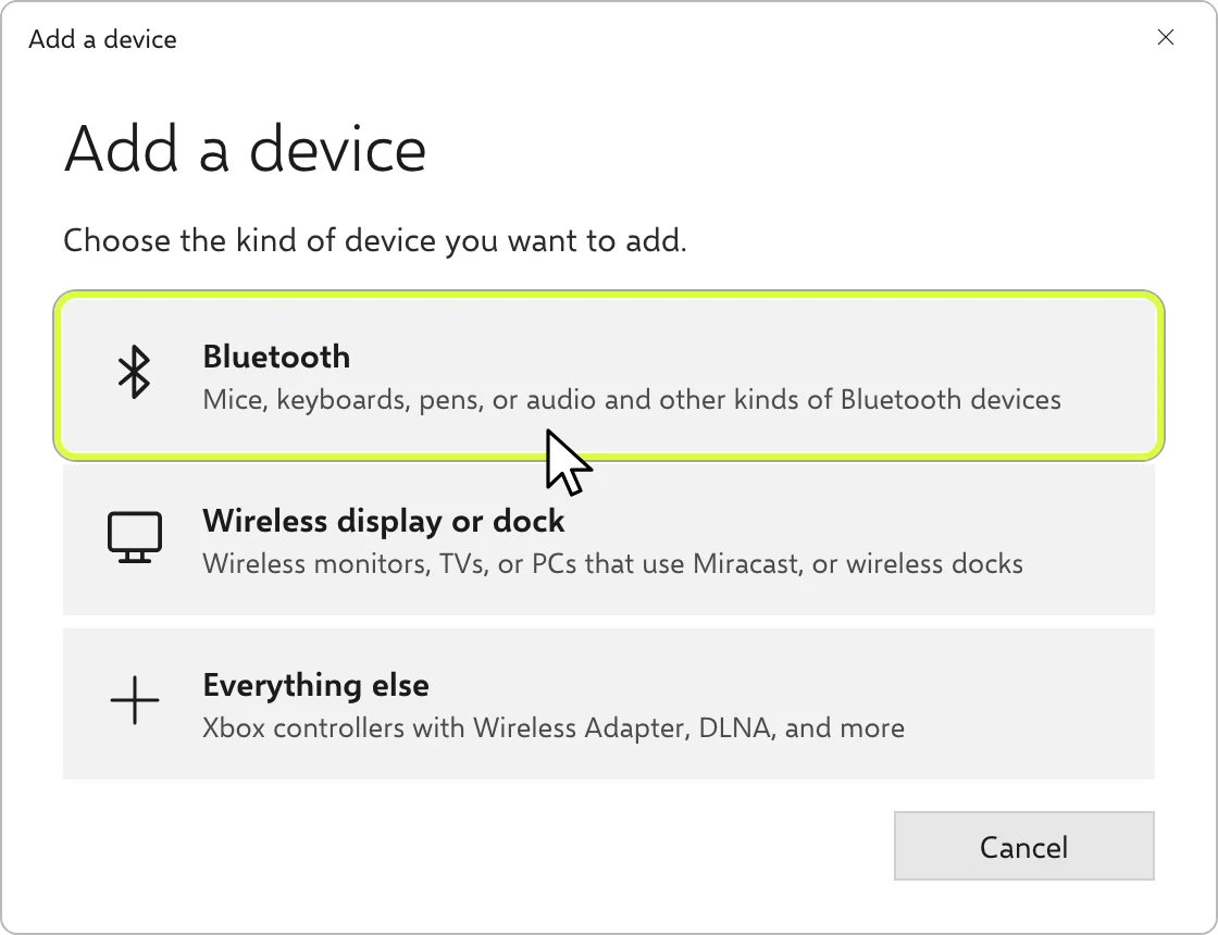 نافذة Add a device في Windows مع تمييز Bluetooth بين Bluetooth وWireless display or dock وEverything else