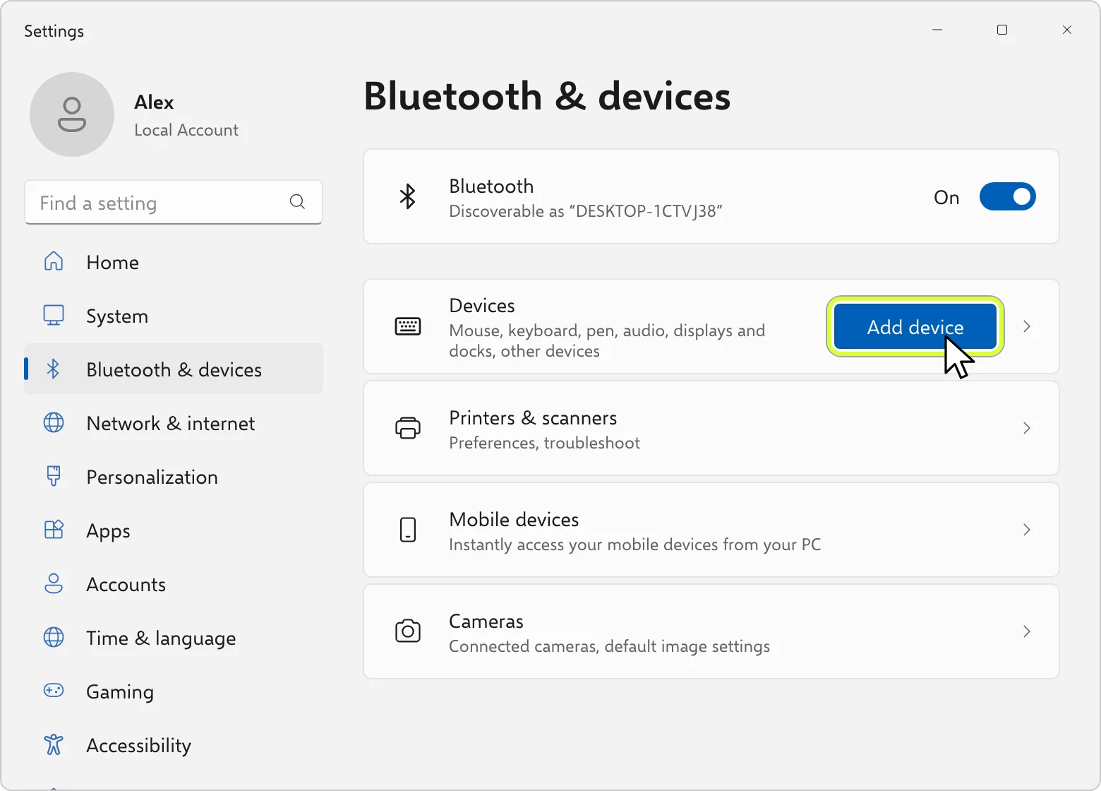 إعدادات Windows 11، صفحة Bluetooth & devices مع Bluetooth في وضع On وزر Add device مميّز