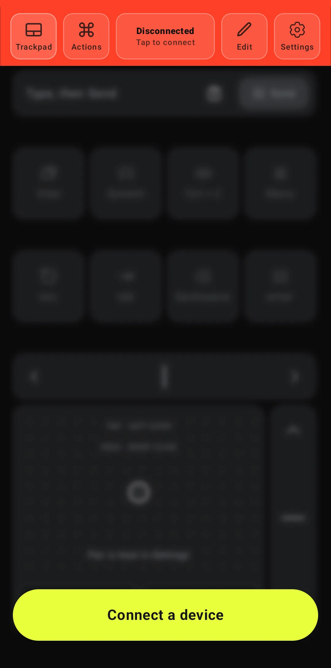 Deck Pointer on Android before pairing: red Disconnected header and a lime Connect a device button over the blurred controls