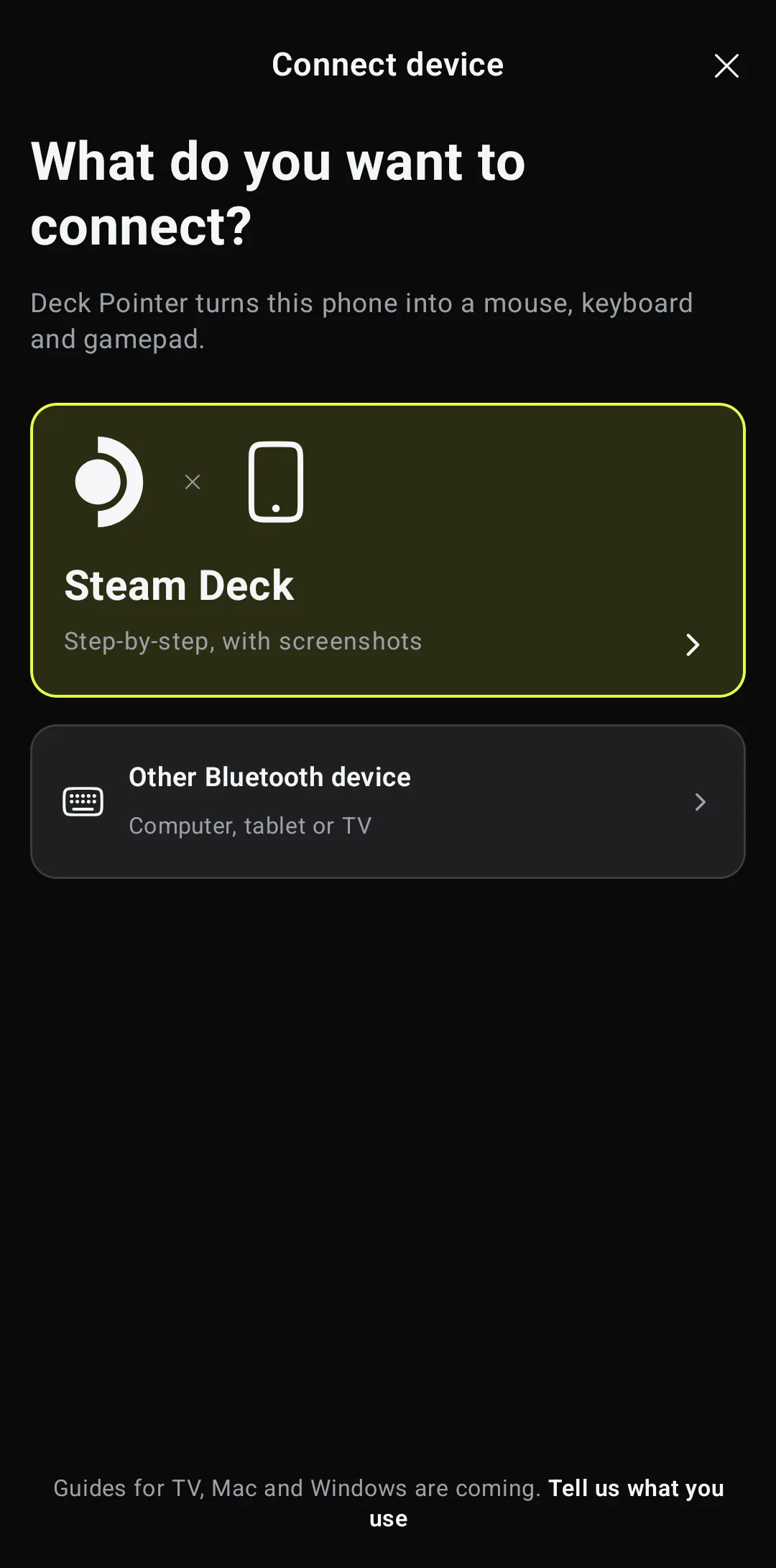 Deck Pointer's connect wizard asking What do you want to connect, with Steam Deck and Other Bluetooth device