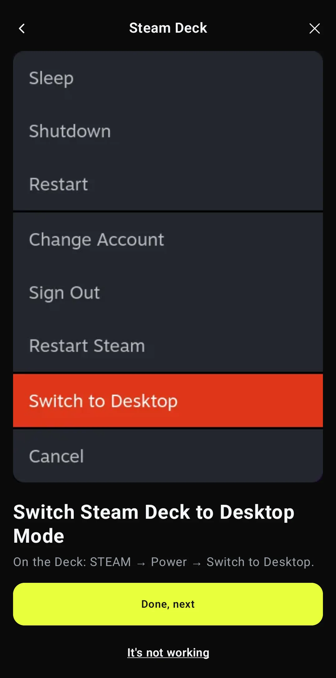 Wizard slide: Switch Steam Deck to Desktop Mode, showing the Deck's Power menu with Switch to Desktop highlighted