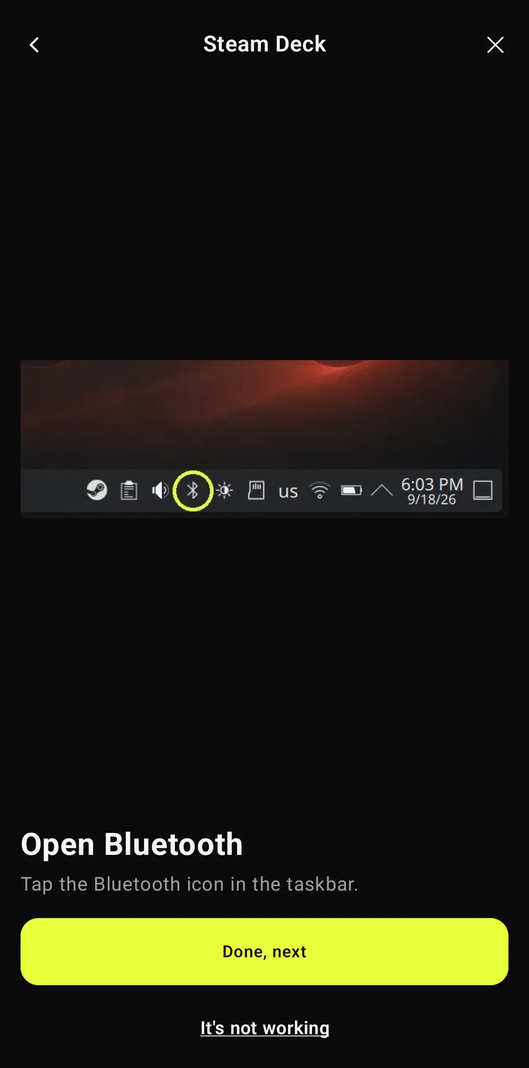 Wizard slide: Open Bluetooth, with the Deck's taskbar and the Bluetooth icon circled