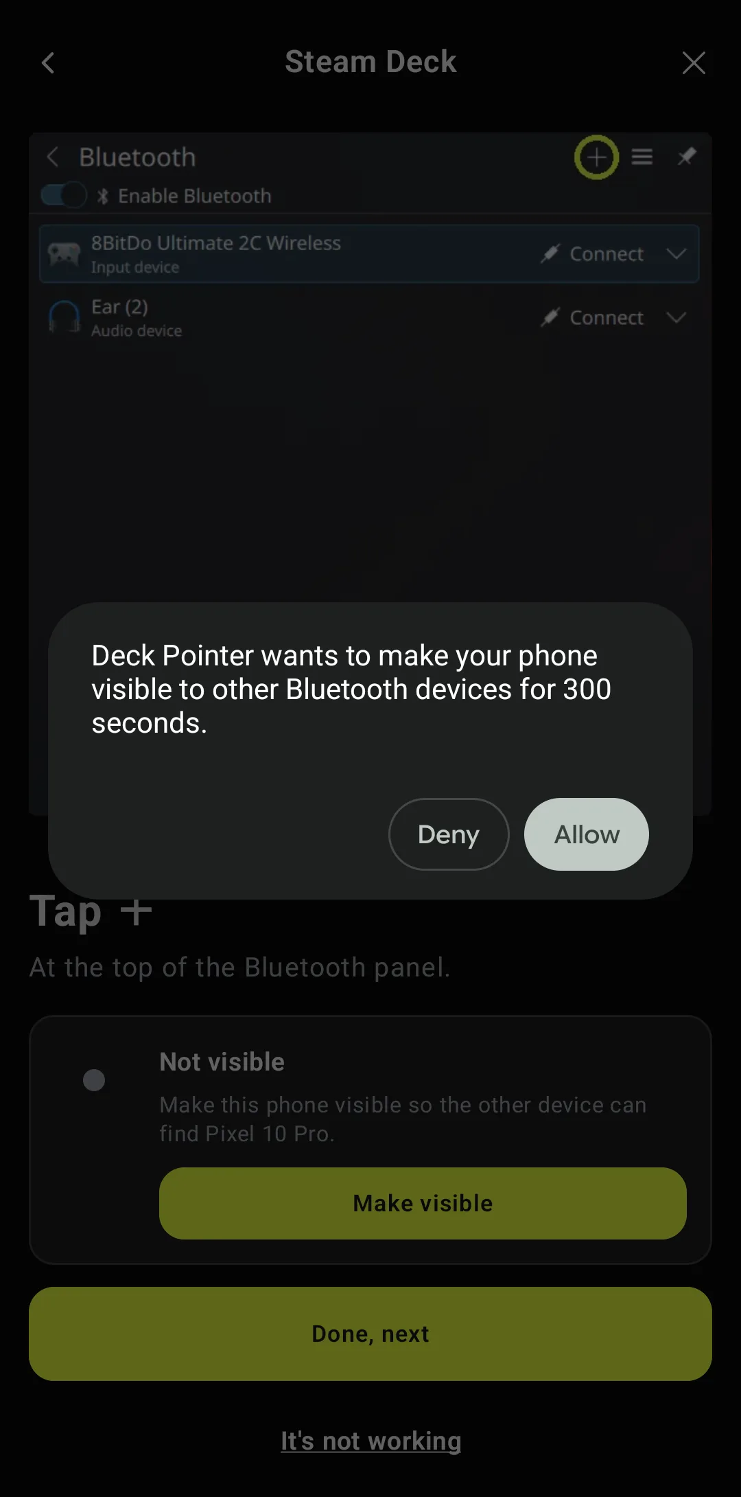 Android system prompt: Deck Pointer wants to make your phone visible to other Bluetooth devices for 300 seconds, with Deny and Allow