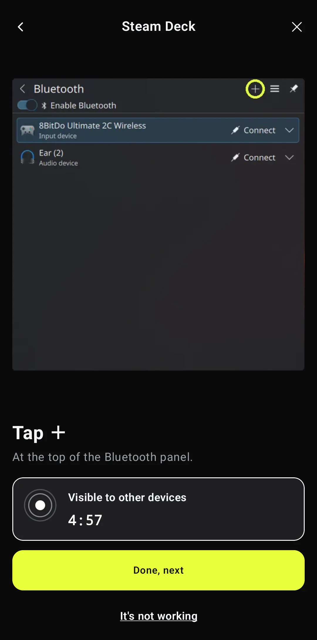 Wizard slide Tap +, with a status card reading Visible to other devices and a 4:57 countdown
