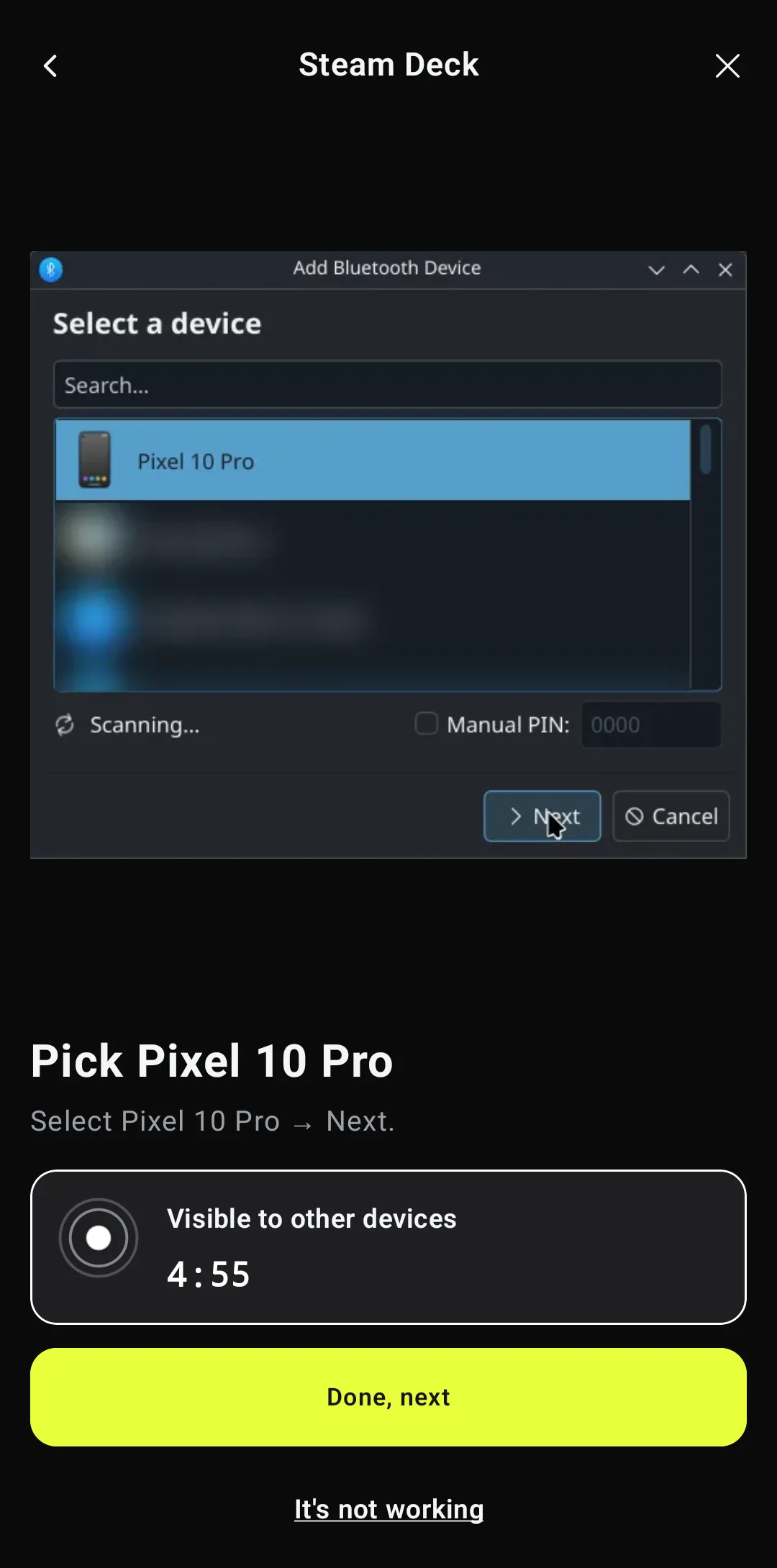 Wizard slide Pick Pixel 10 Pro, with the Deck's device list and Pixel 10 Pro selected