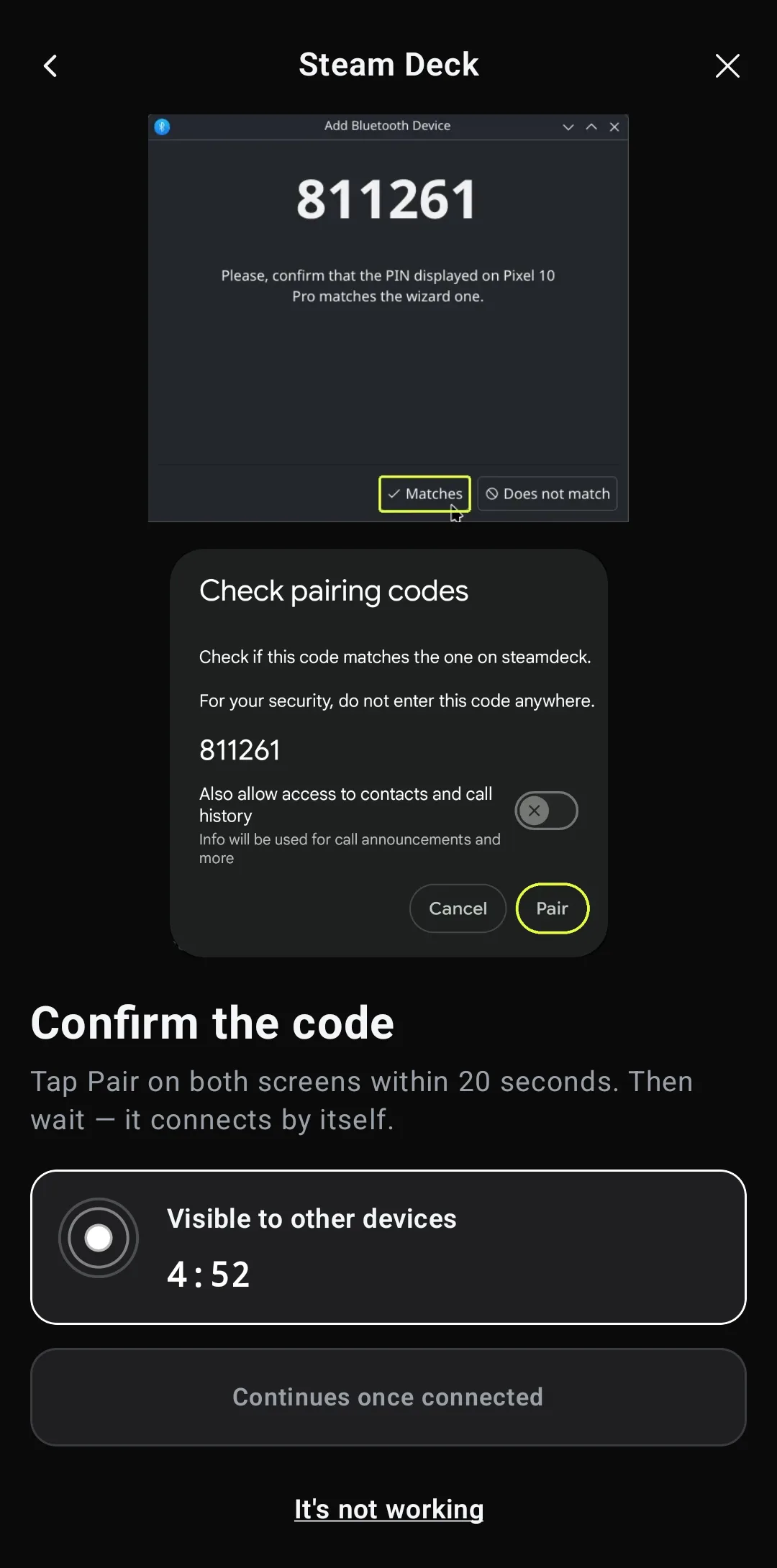 Wizard slide Confirm the code, showing both the Deck's PIN window and Android's pairing dialog with the same code