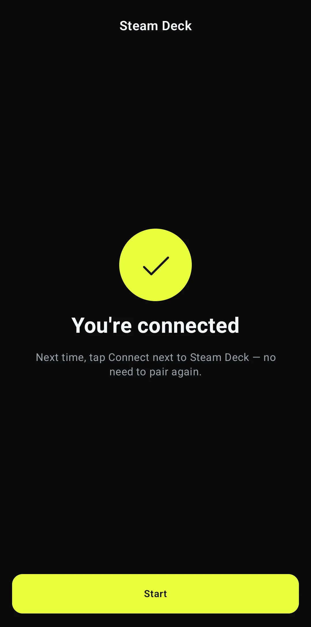Wizard final screen: a lime check mark and You're connected, with a Start button