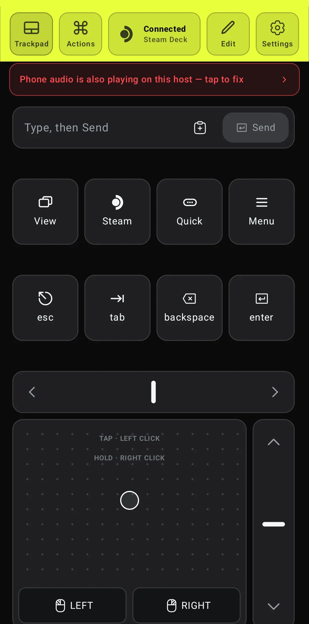Deck Pointer connected, lime header reading Connected Steam Deck, with a red banner: Phone audio is also playing on this host, tap to fix