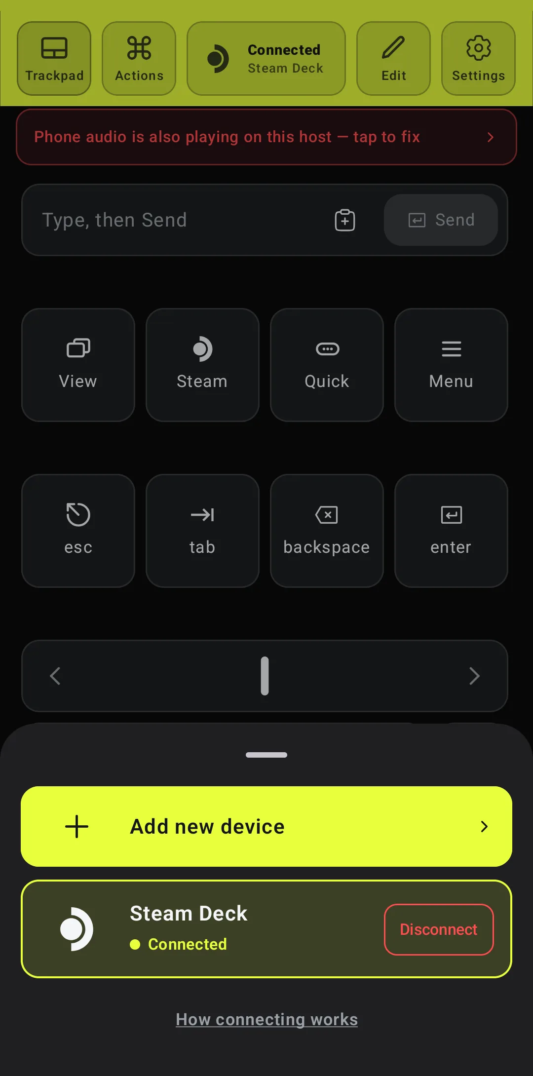Deck Pointer device sheet with Add new device and a Steam Deck row marked Connected with a Disconnect button