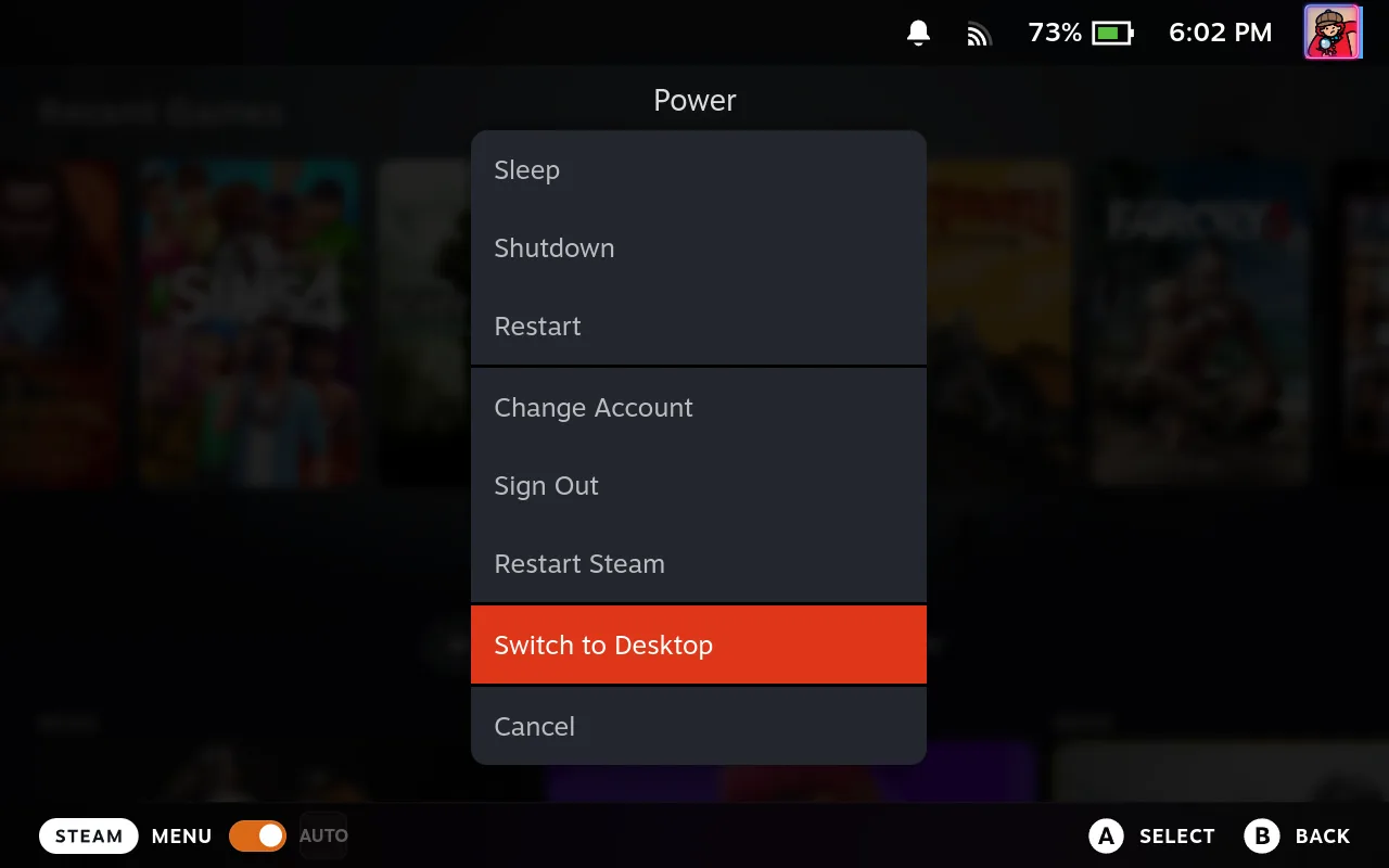 Steam Deck Power menu with Switch to Desktop highlighted