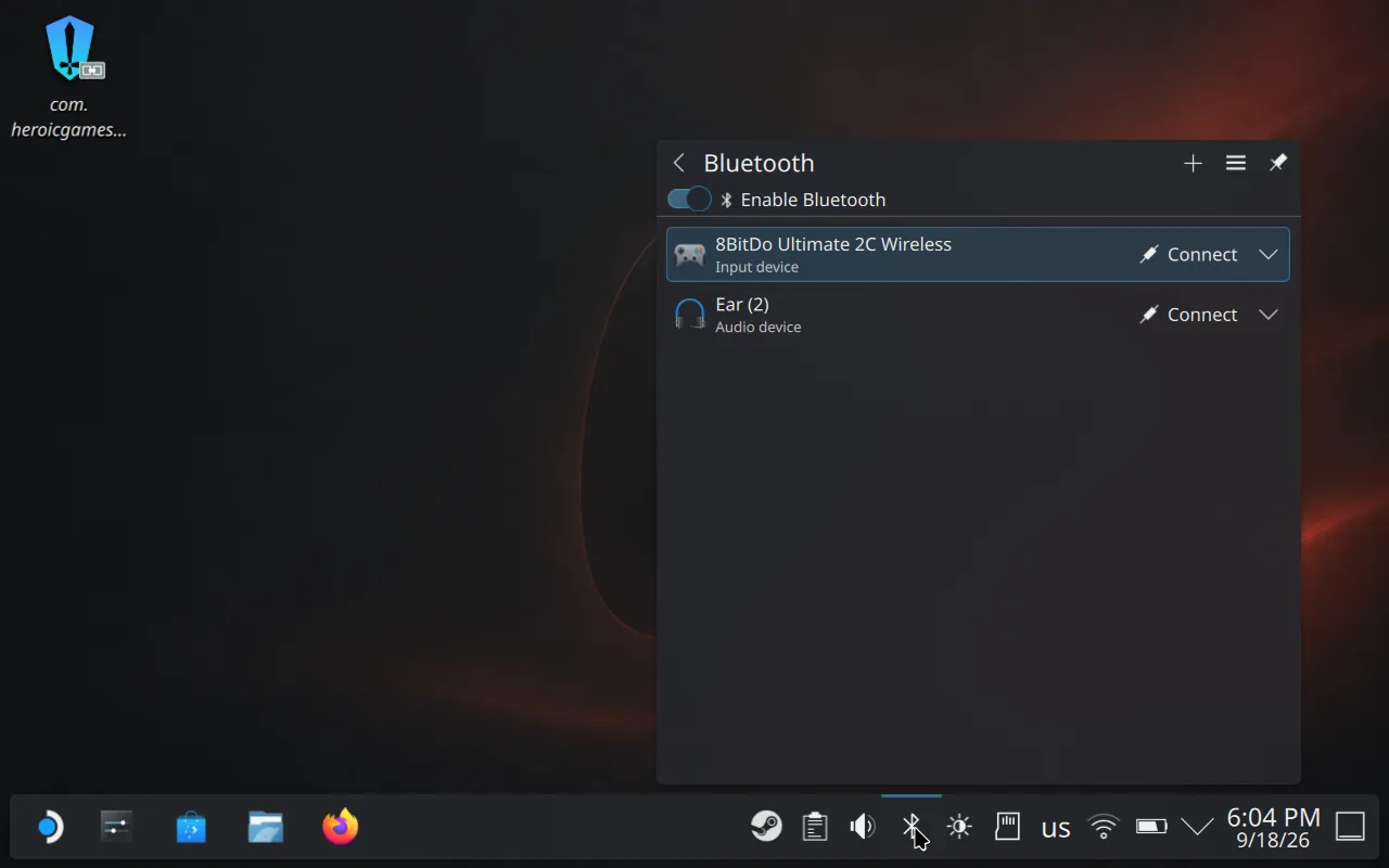 Steam Deck desktop with the Bluetooth panel open from the system tray