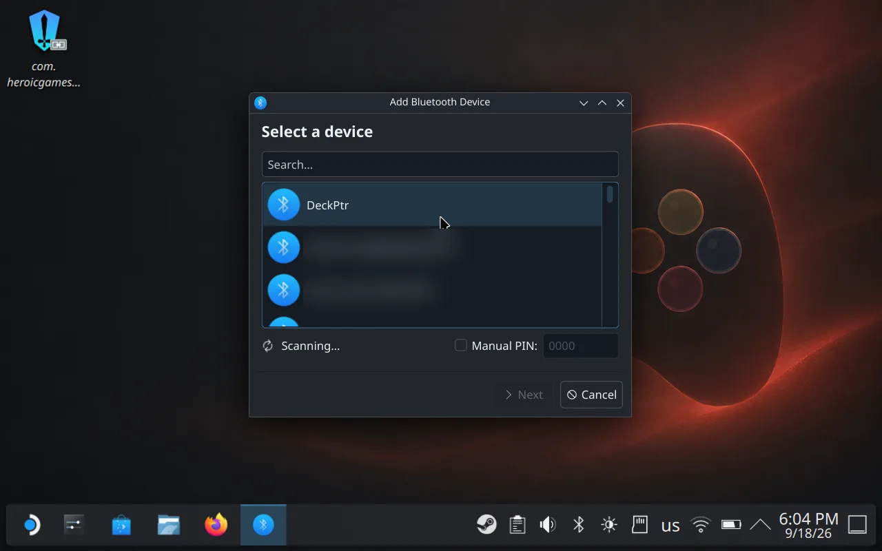 Steam Deck's add-device list with DeckPtr among the discovered Bluetooth devices