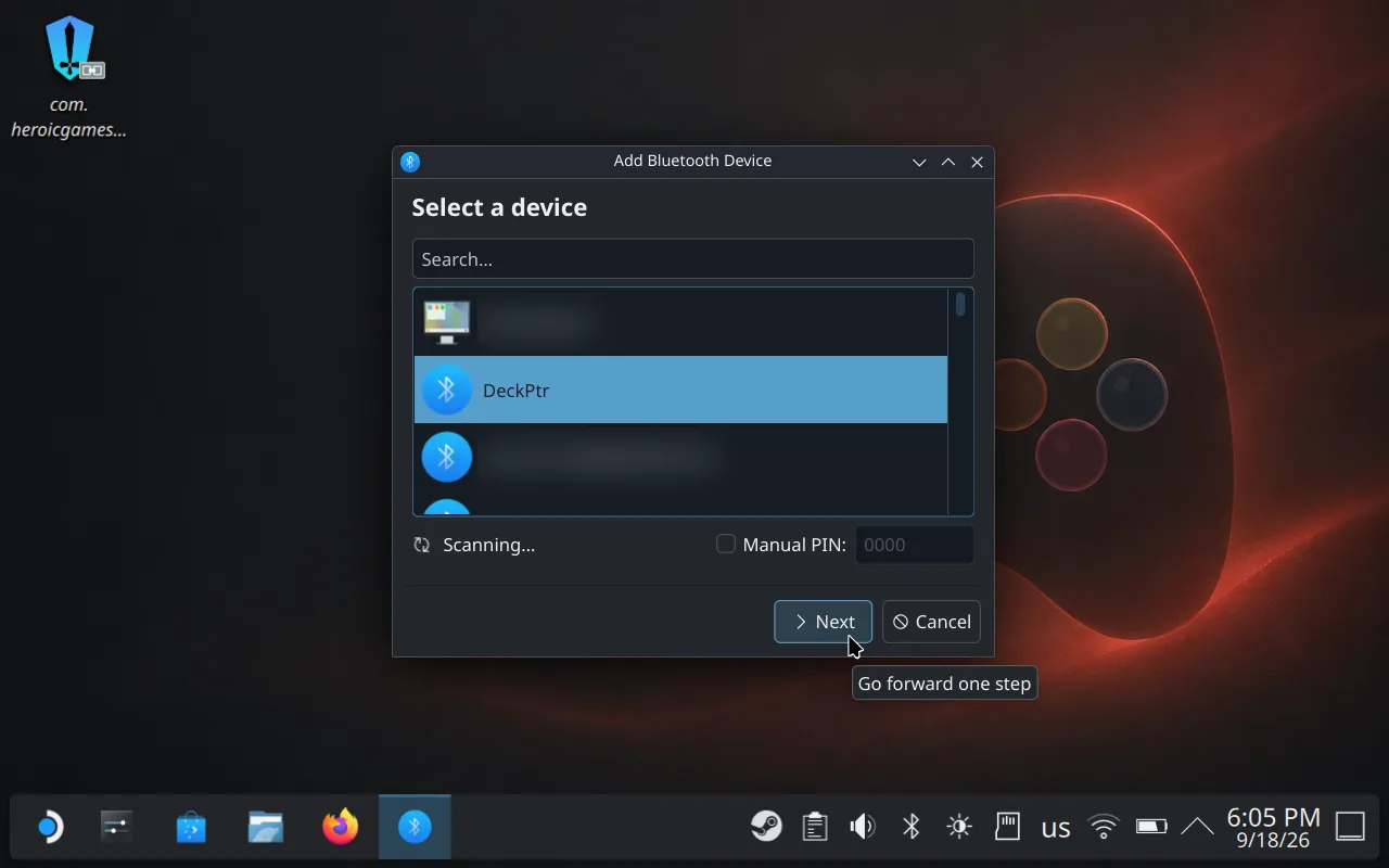 Steam Deck's Add Bluetooth Device wizard with DeckPtr selected and the Next button available