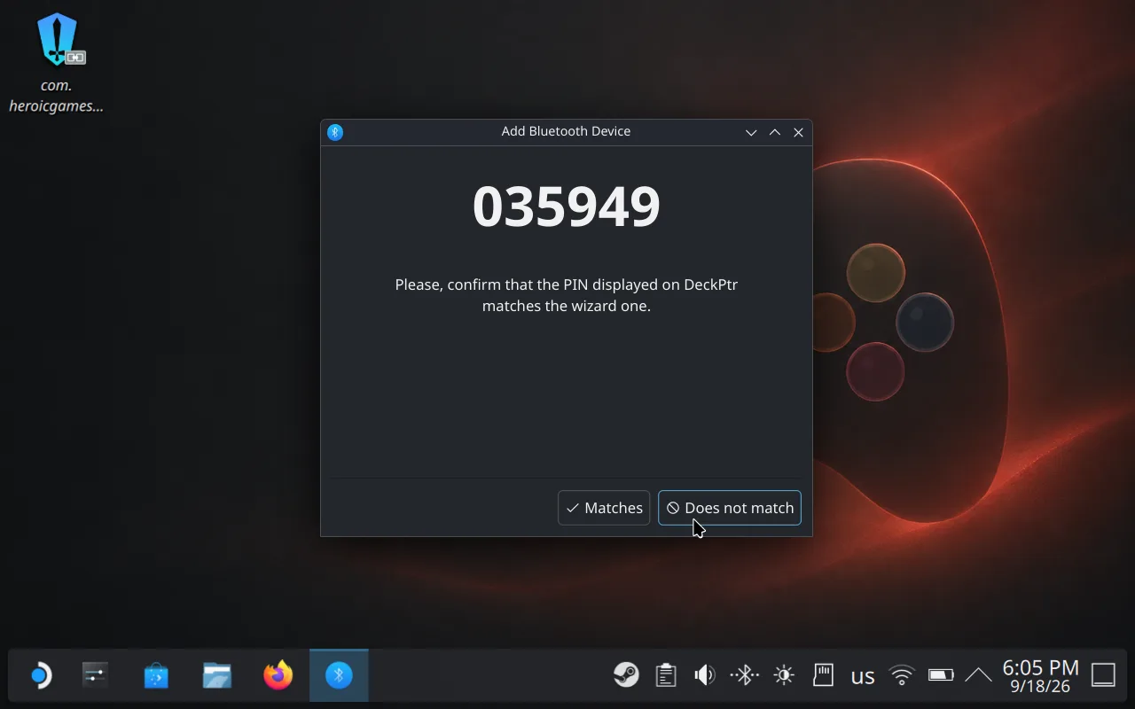 Steam Deck pairing dialog showing a six-digit code with Matches and Does not match buttons