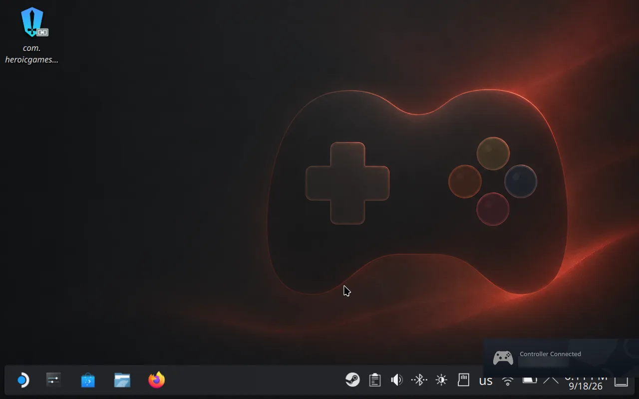 Steam Deck desktop with a Controller Connected notification naming the iPhone