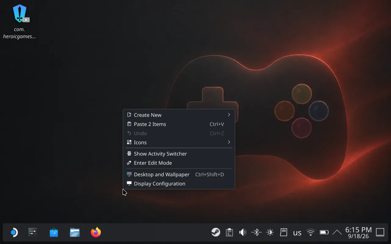 Steam Deck desktop with a right-click context menu open under the cursor