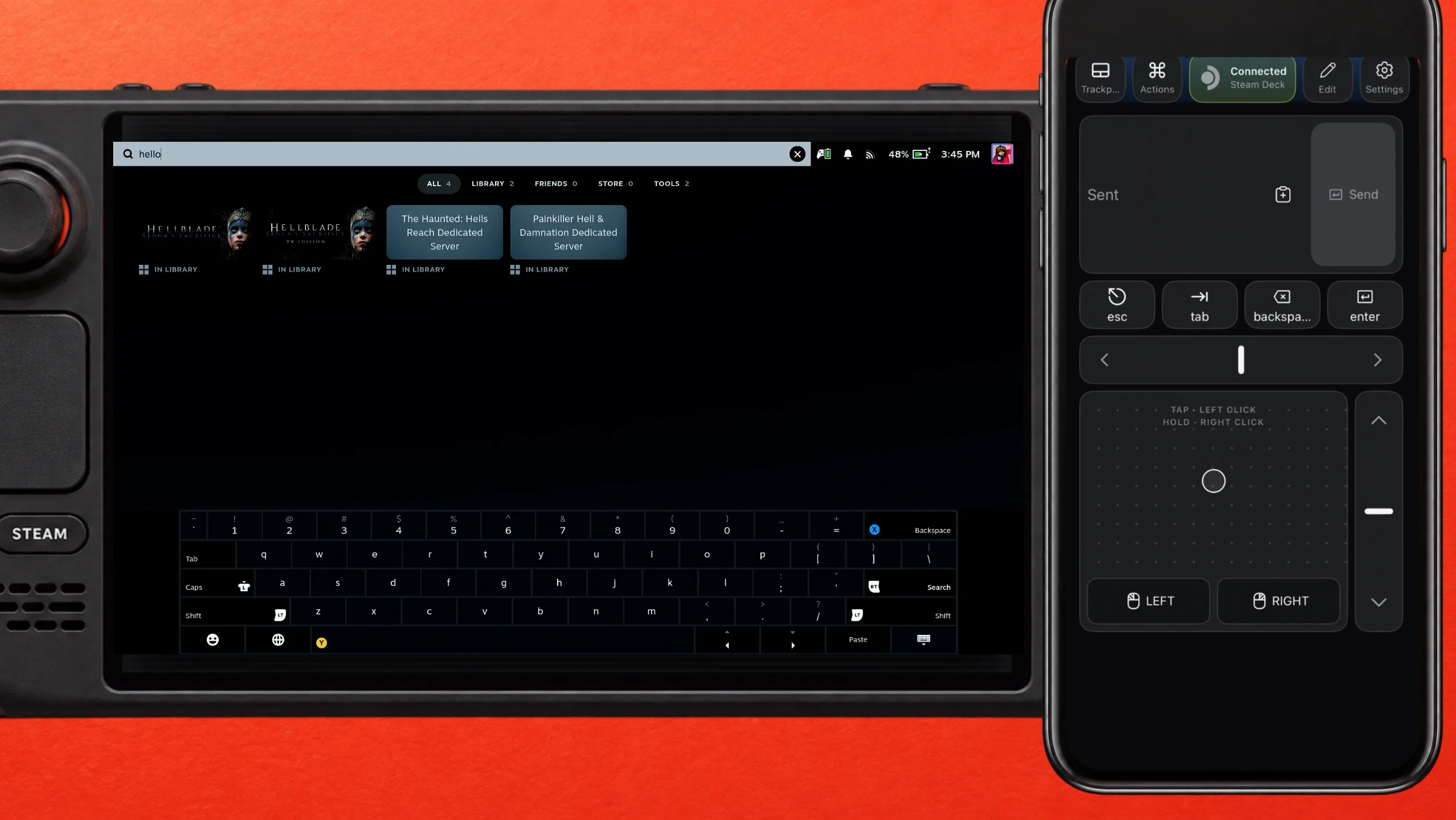 Steam Deck in Game Mode with text typed into the library search box from Deck Pointer's text field on the iPhone