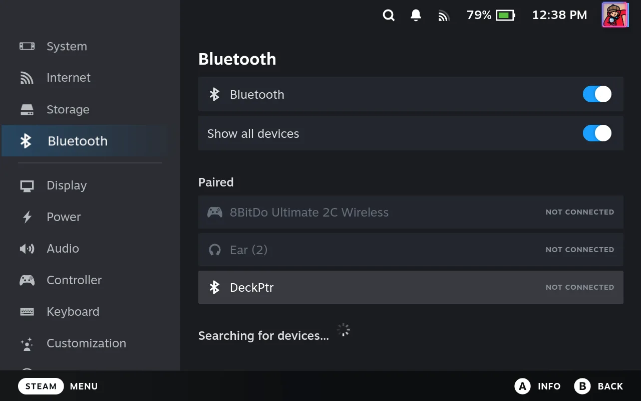 Steam Deck Gaming Mode Bluetooth settings with DeckPtr selected in the paired list