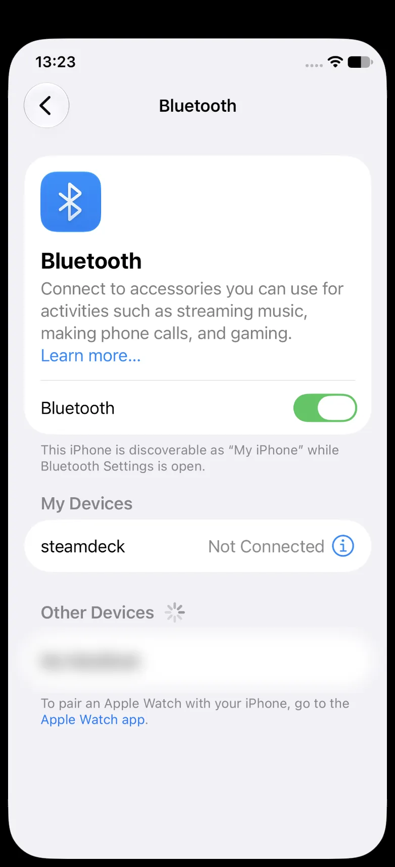iOS Settings Bluetooth screen listing steamdeck under My Devices