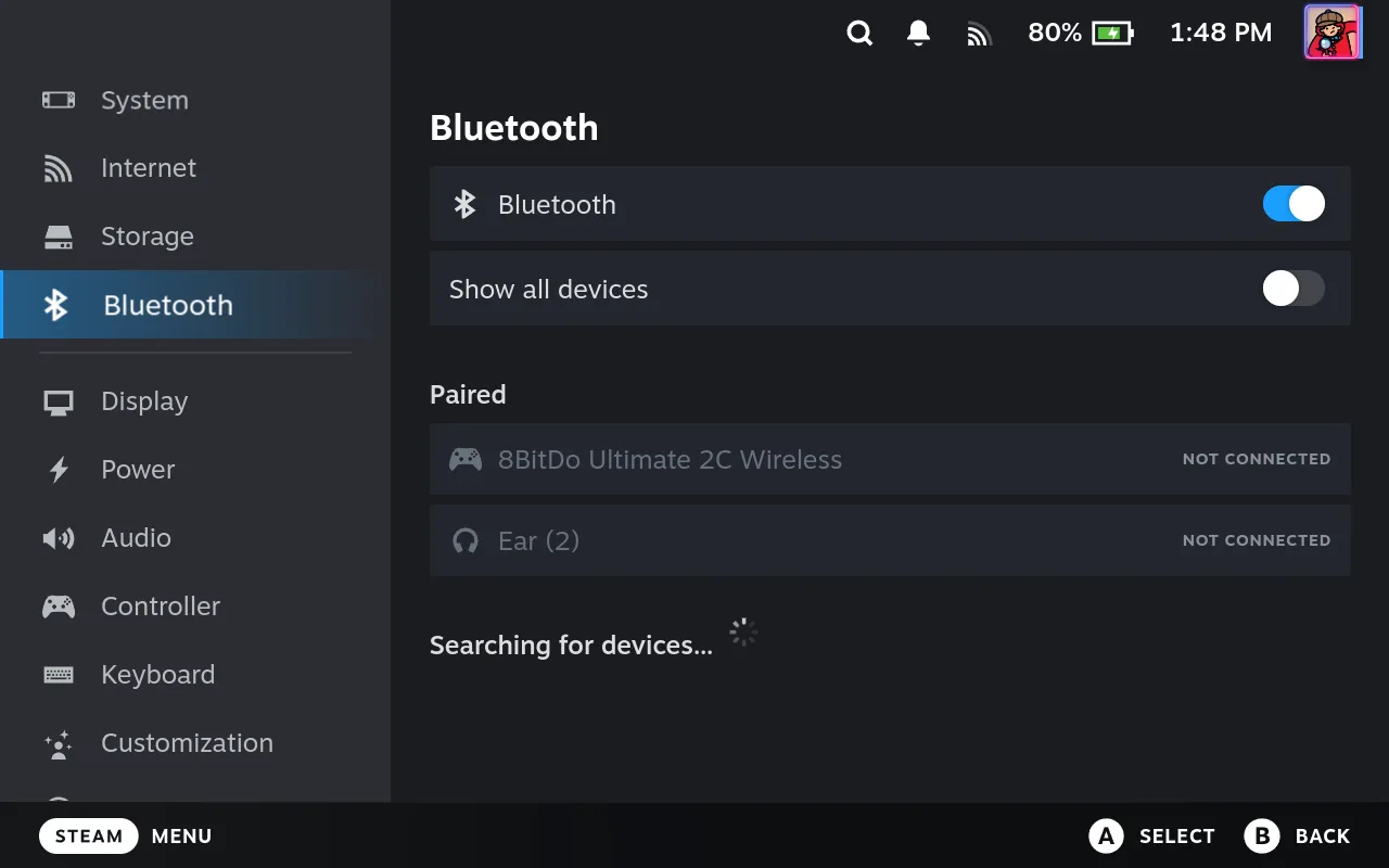 Steam Deck Gaming Mode Bluetooth settings searching for devices, with Show all devices off and no DeckPtr in the Paired list