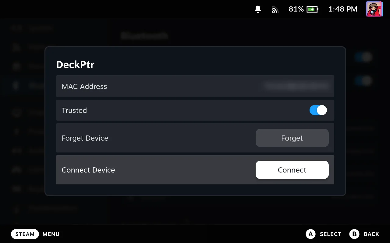 Steam Deck device window for DeckPtr with the Connect button selected