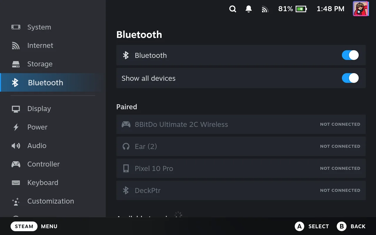 Steam Deck Bluetooth settings with Show all devices turned on and DeckPtr listed under Paired as not connected