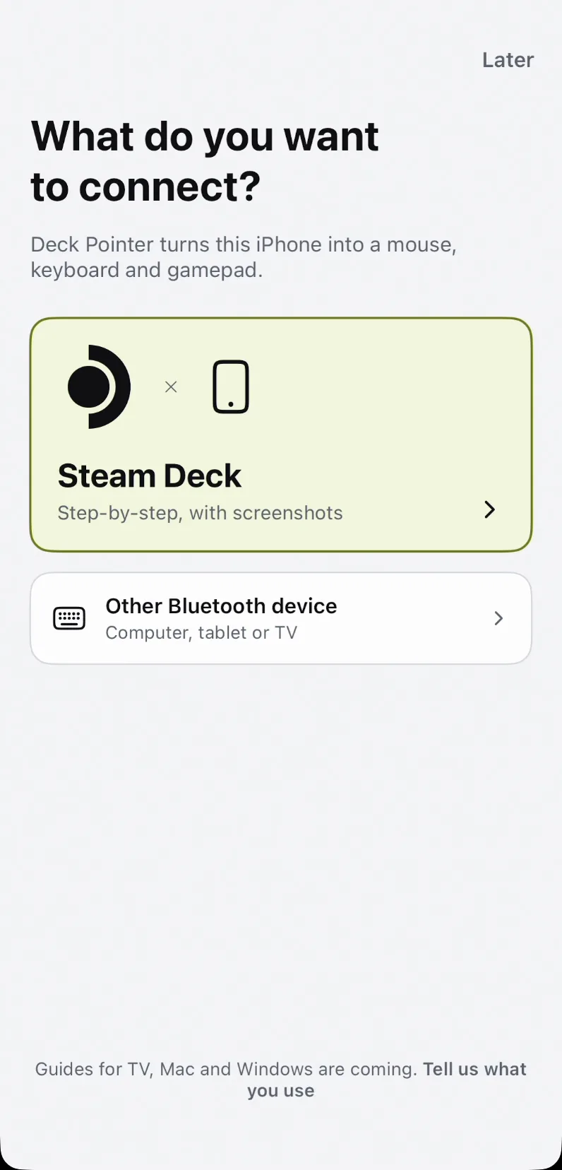 Deck Pointer's connect wizard asking what do you want to connect, with a Steam Deck card and an Other Bluetooth device card