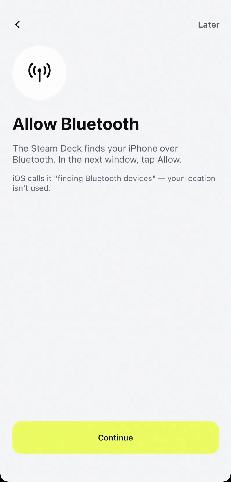 Wizard slide explaining that the Steam Deck finds the iPhone over Bluetooth, with a Continue button