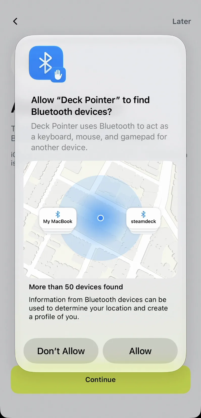 iOS system prompt asking to allow Deck Pointer to find Bluetooth devices, with Don't Allow and Allow