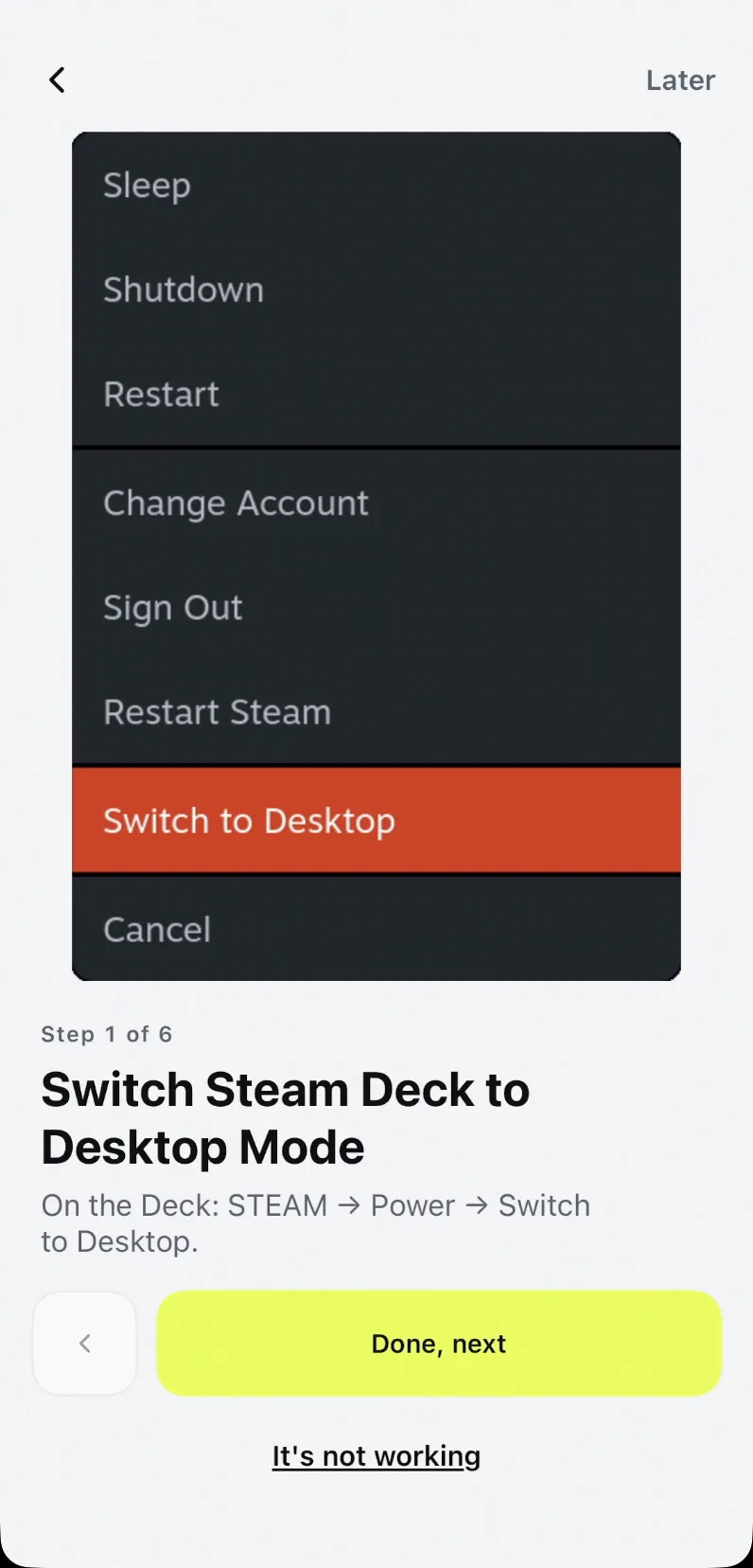 Wizard step 1 of 6, switch Steam Deck to Desktop Mode, showing the Deck's power menu