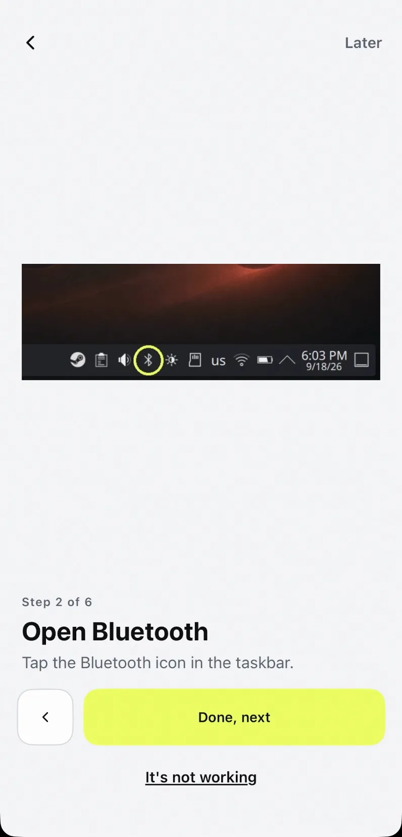 Wizard step 2 of 6, open Bluetooth, with the Deck's taskbar Bluetooth icon circled