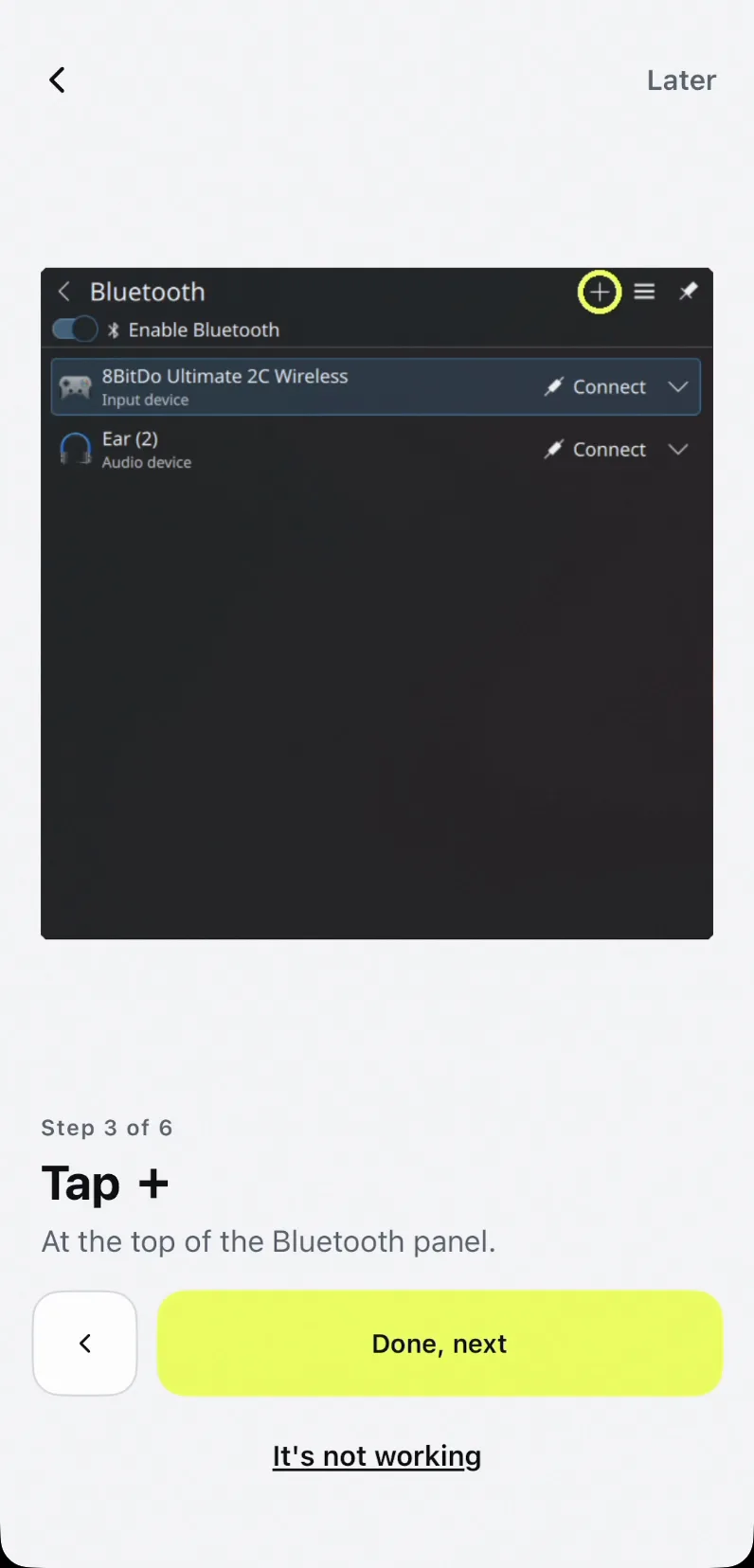 Wizard step 3 of 6, tap plus, showing the Deck's Bluetooth panel with the add button circled