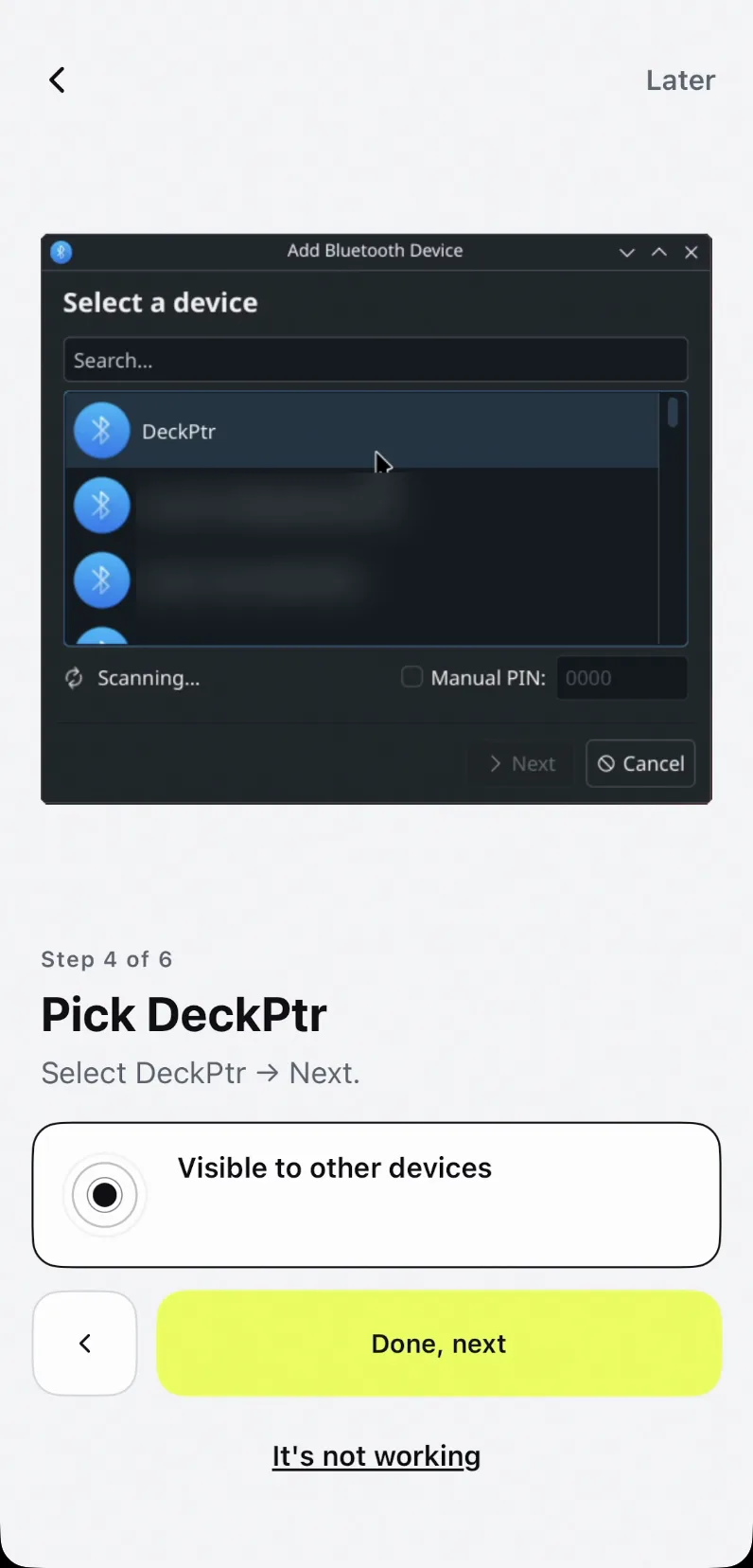 Wizard step 4 of 6, pick DeckPtr, showing the Deck's add-device dialog with DeckPtr selected