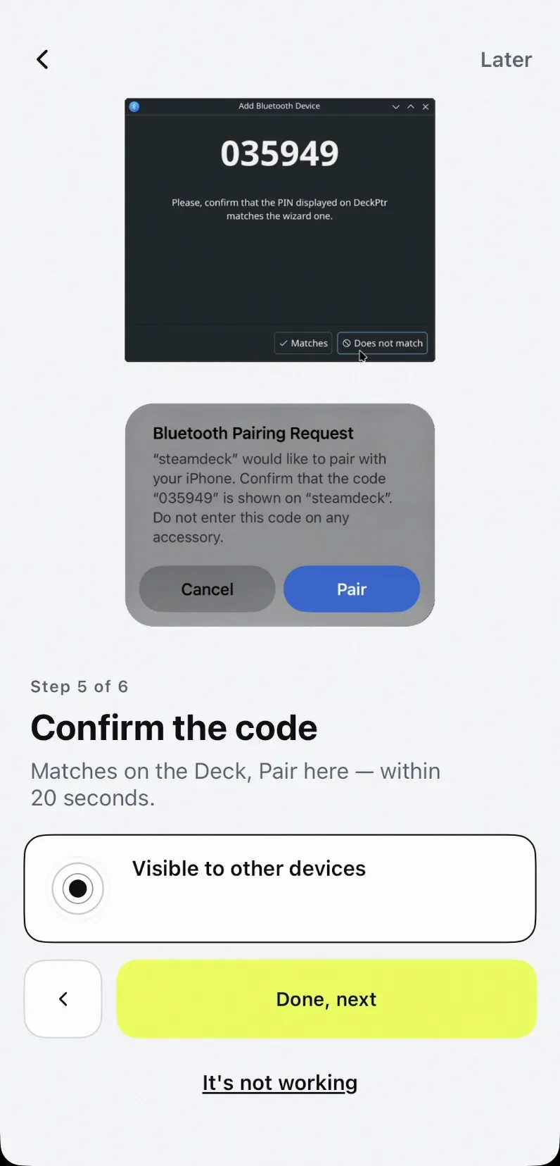 Wizard step 5 of 6, confirm the code, showing the Deck's code panel above the iOS Bluetooth Pairing Request