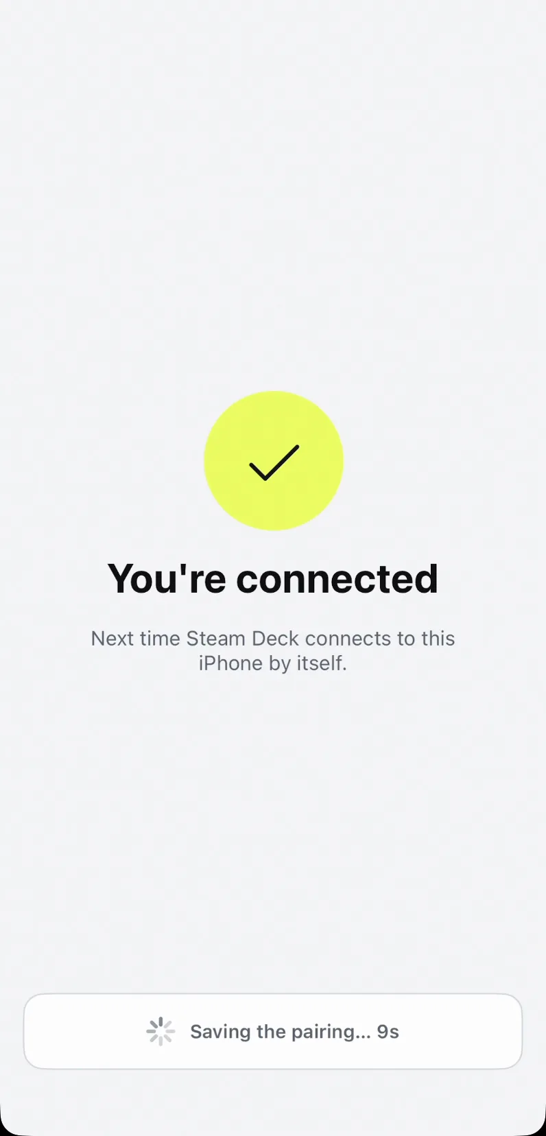 Wizard's final screen reading You're connected, with a Saving the pairing progress bar