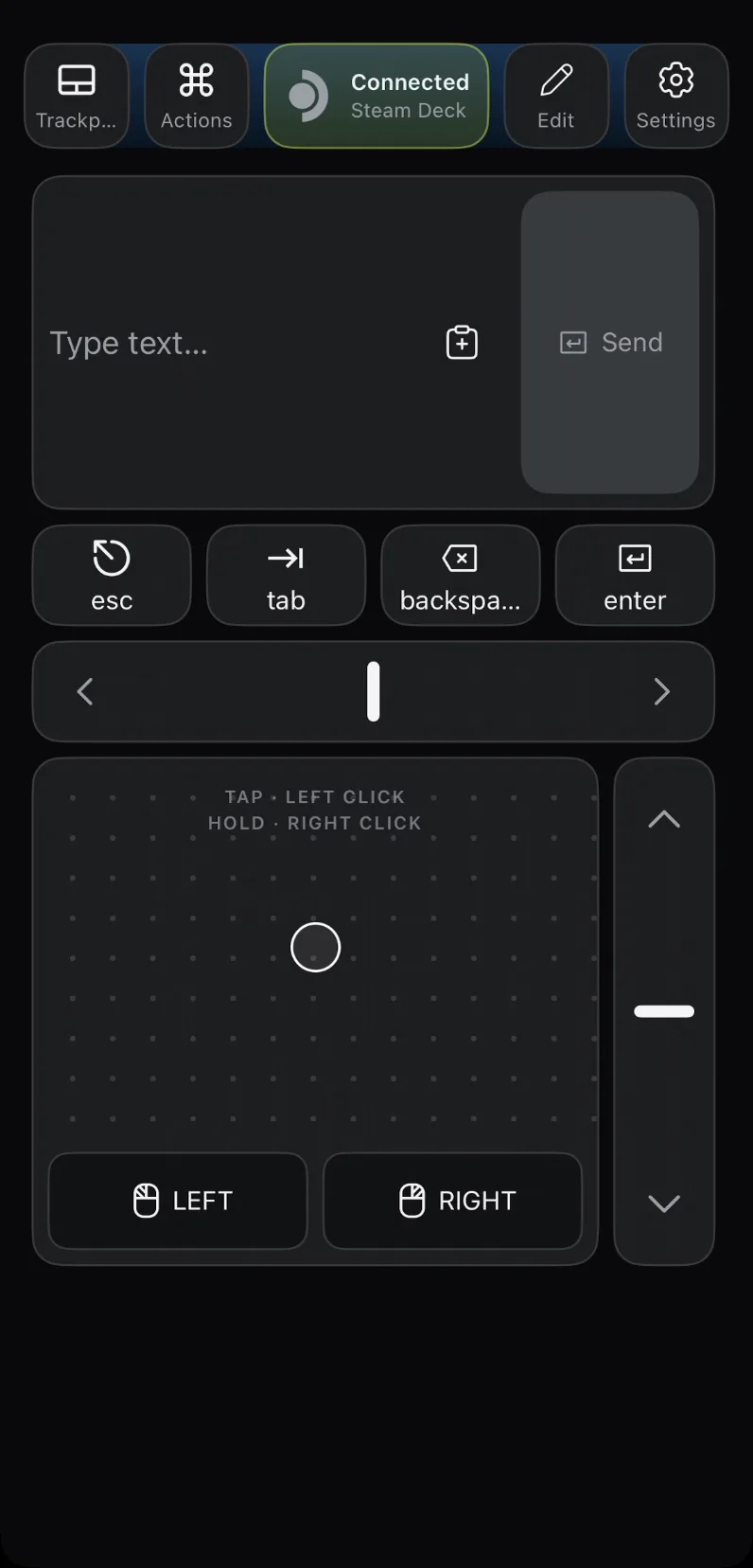 Deck Pointer's trackpad screen on iPhone with the header chip reading Connected, Steam Deck