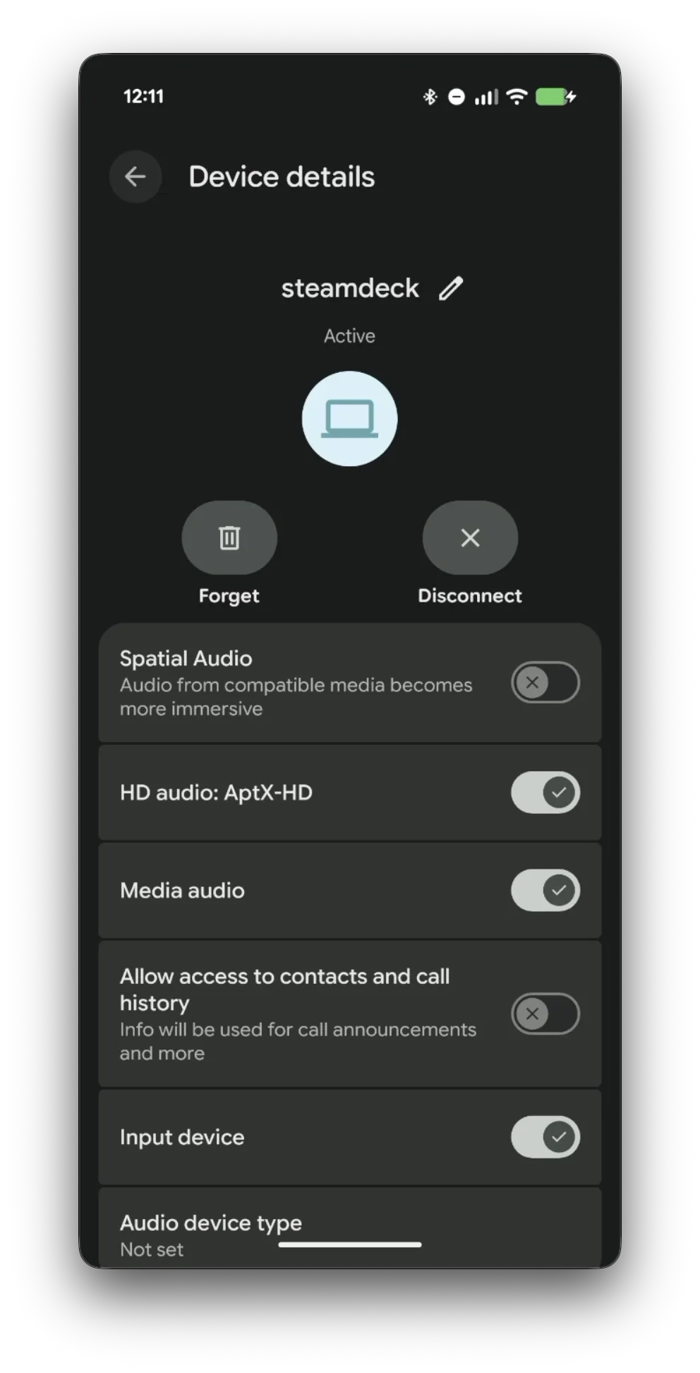 Android device details screen for the Steam Deck with Media audio and Input device toggles both on
