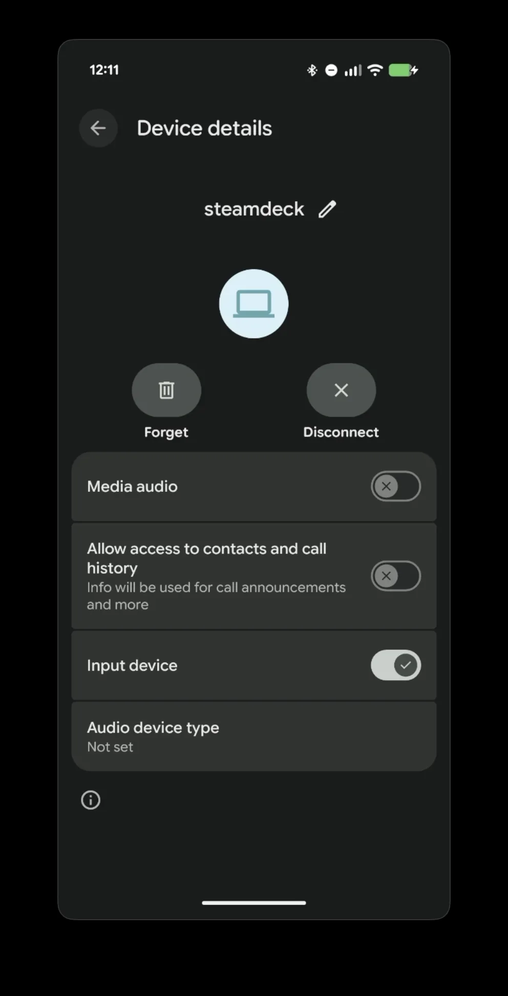 Android device details screen for the Steam Deck with Media audio turned off and Input device still on