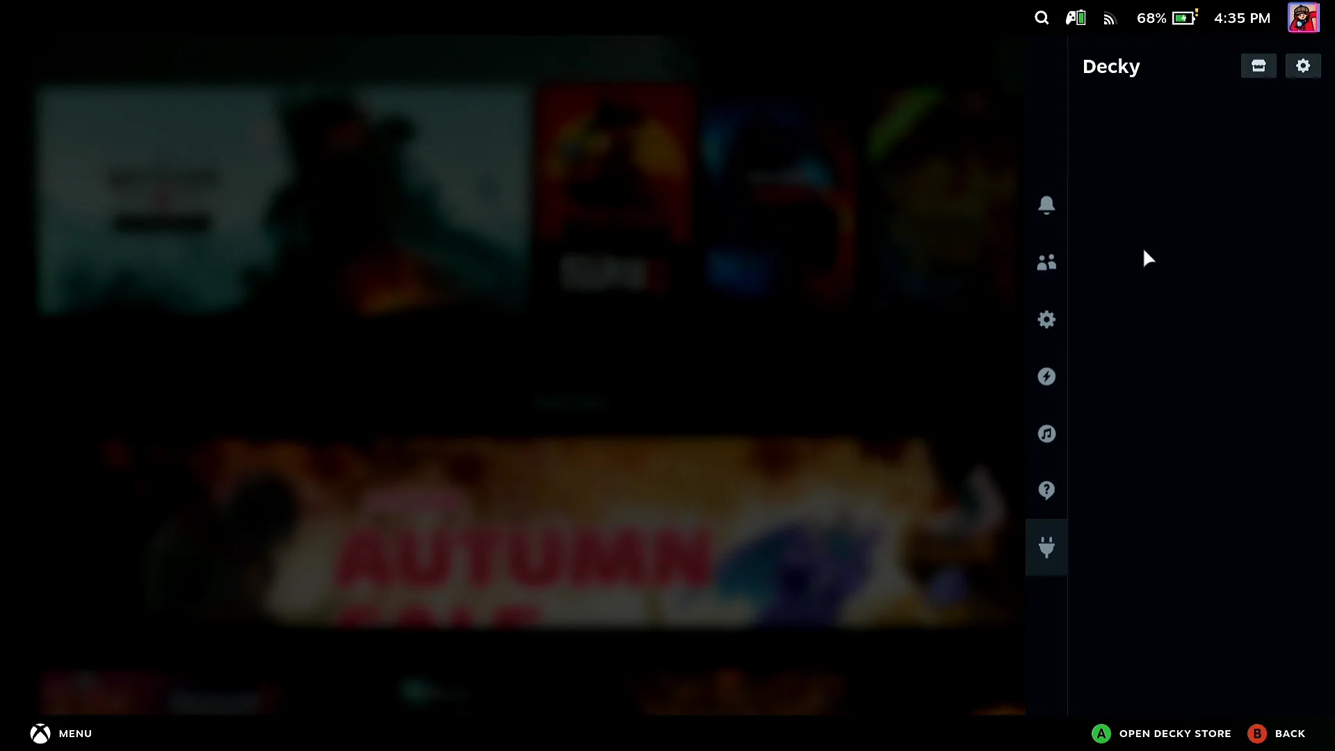 The Decky panel in Quick Access on the Steam Deck with the store icon and the settings gear at the top right