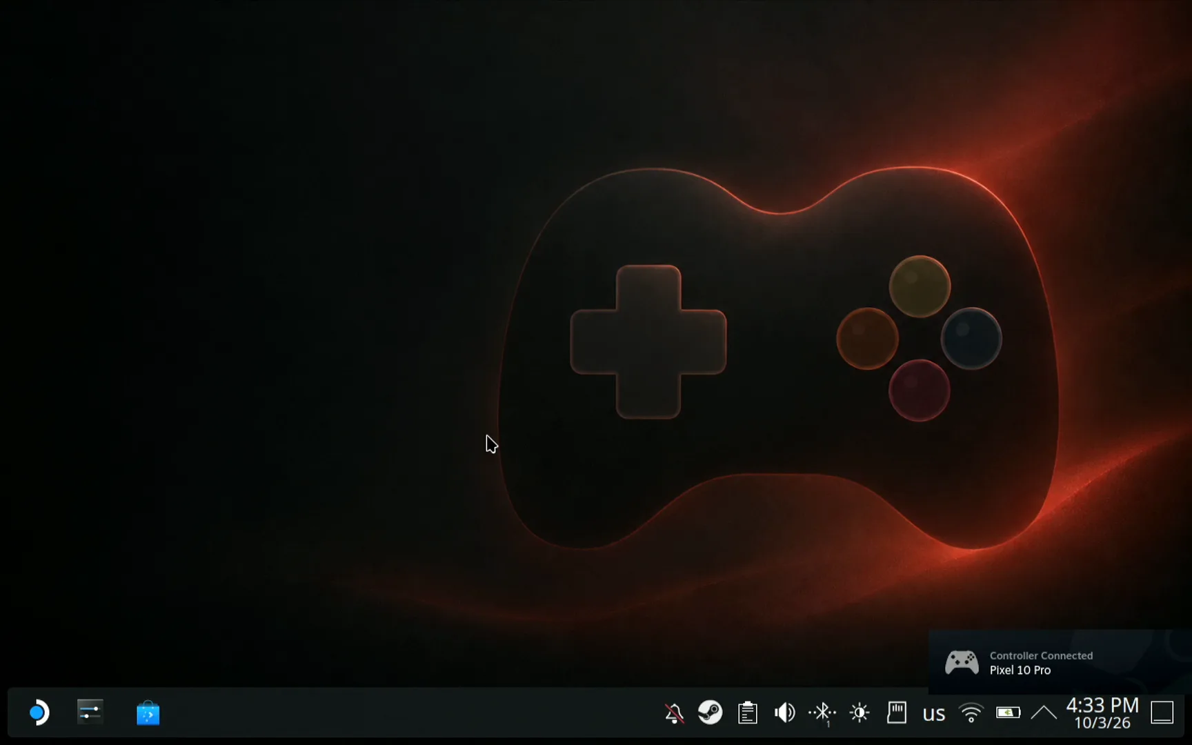 Steam Deck Desktop Mode with a Controller Connected notice for the phone at the bottom right