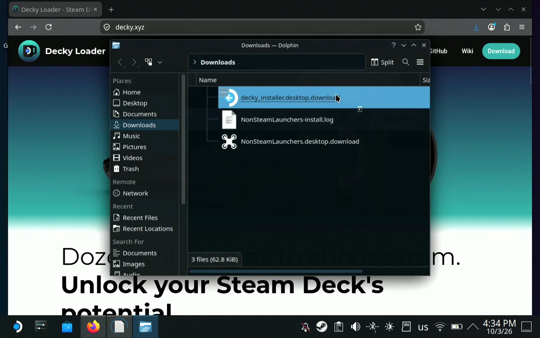 Dolphin on the Steam Deck showing the Downloads folder with decky_installer.desktop.download selected