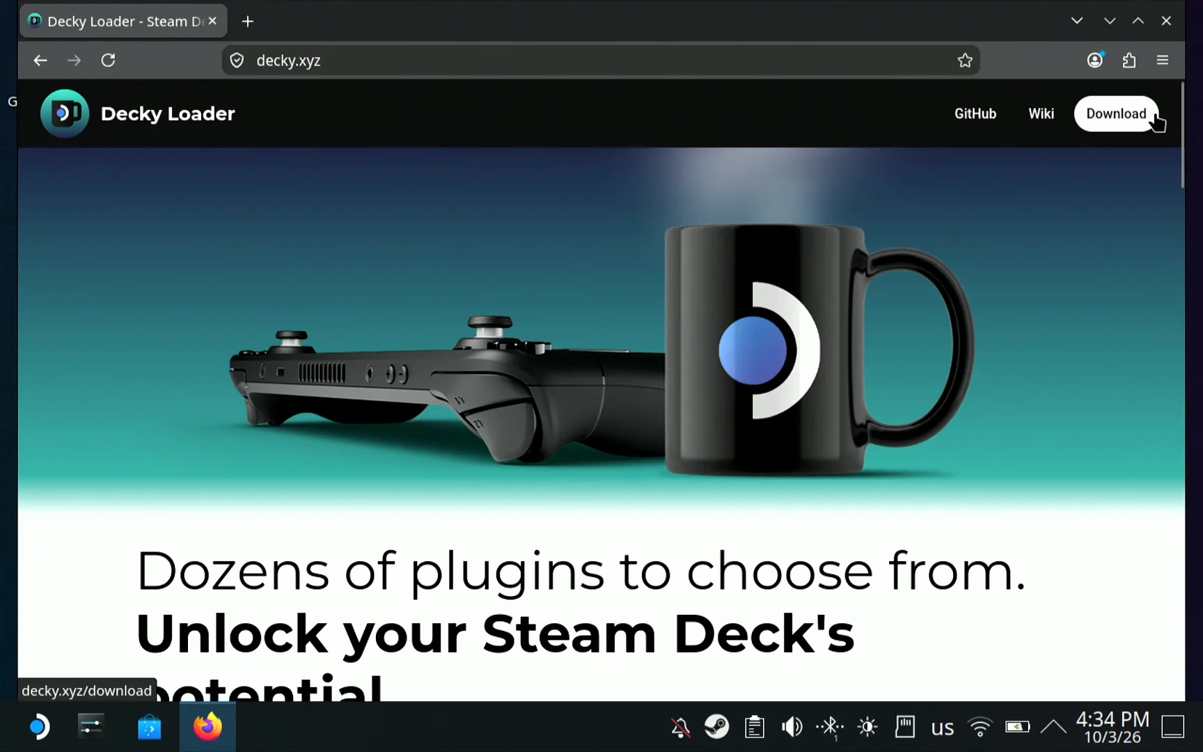 The Decky Loader website in Firefox on the Steam Deck with the Download button in the top right under the pointer