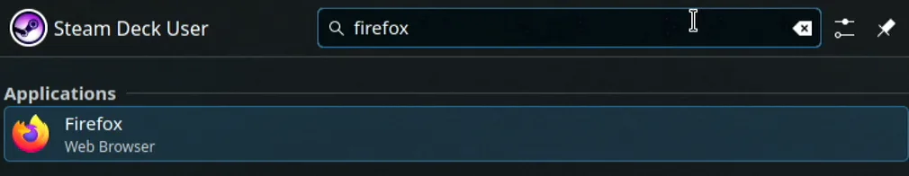 The Steam Deck application launcher with firefox typed in the search field and Firefox, Web Browser highlighted