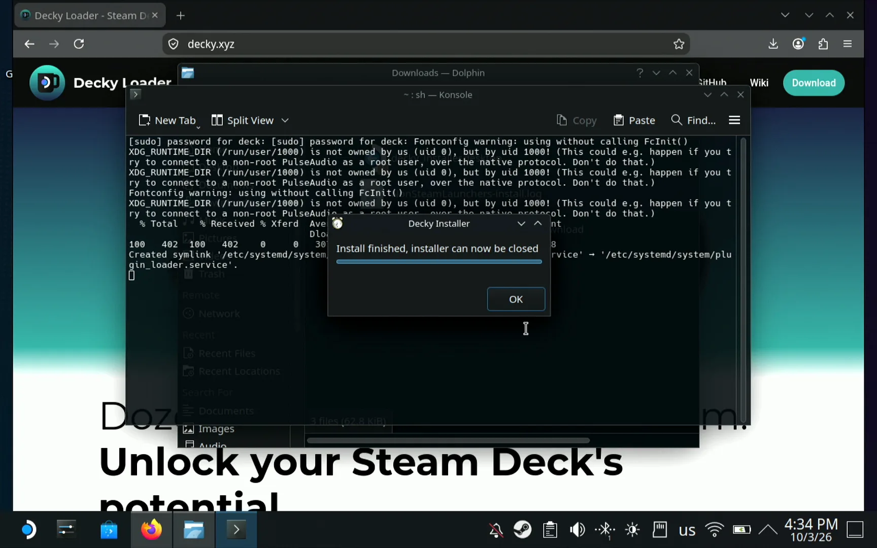 Decky Installer on the Steam Deck reporting Install finished, installer can now be closed, with an OK button
