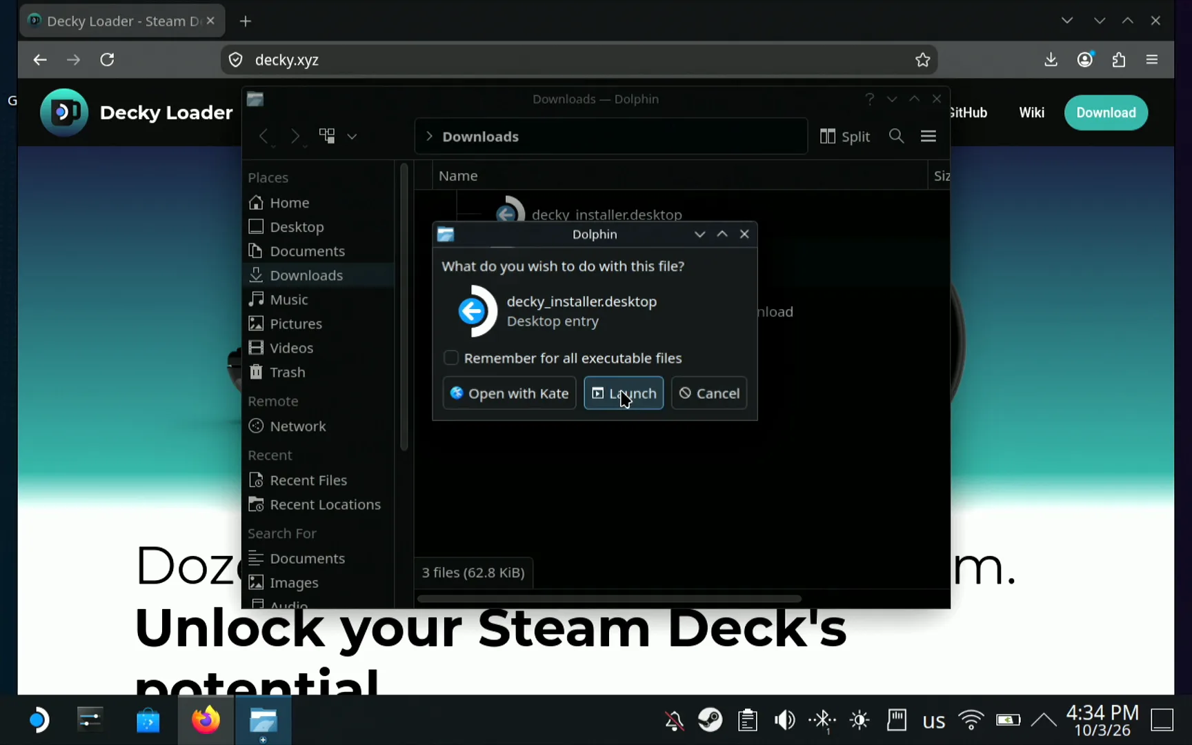 Dolphin's dialog What do you wish to do with this file? with Open with Kate, Launch and Cancel, the pointer on Launch