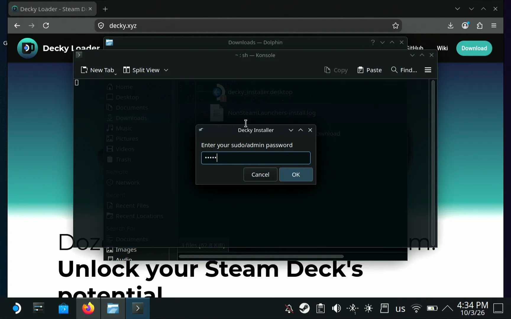 The Decky Installer box on the Steam Deck reading Enter your sudo/admin password, with the typed characters shown as dots, and OK and Cancel buttons