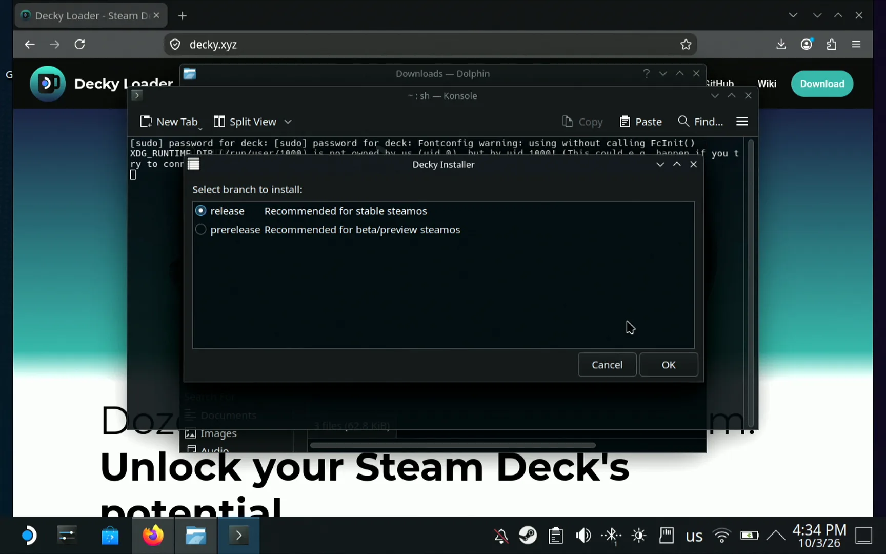 Decky Installer's Select branch to install list on the Steam Deck with release selected, Recommended for stable steamos, and prerelease below it