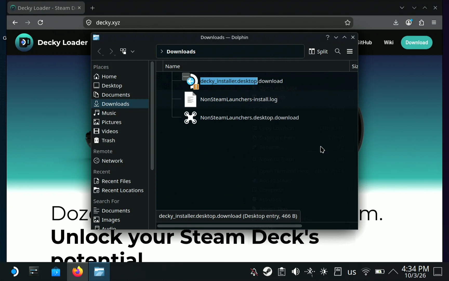 Dolphin renaming the installer, with decky_installer.desktop selected and the .download part still at the end of the name